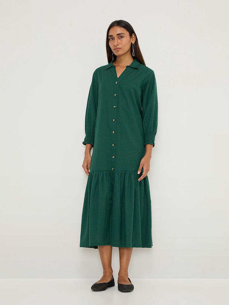 Utsa Dark Green Solid Drop-Waist Dress