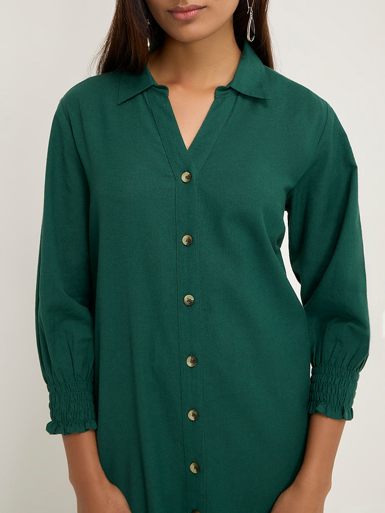 Utsa Dark Green Solid Drop-Waist Dress