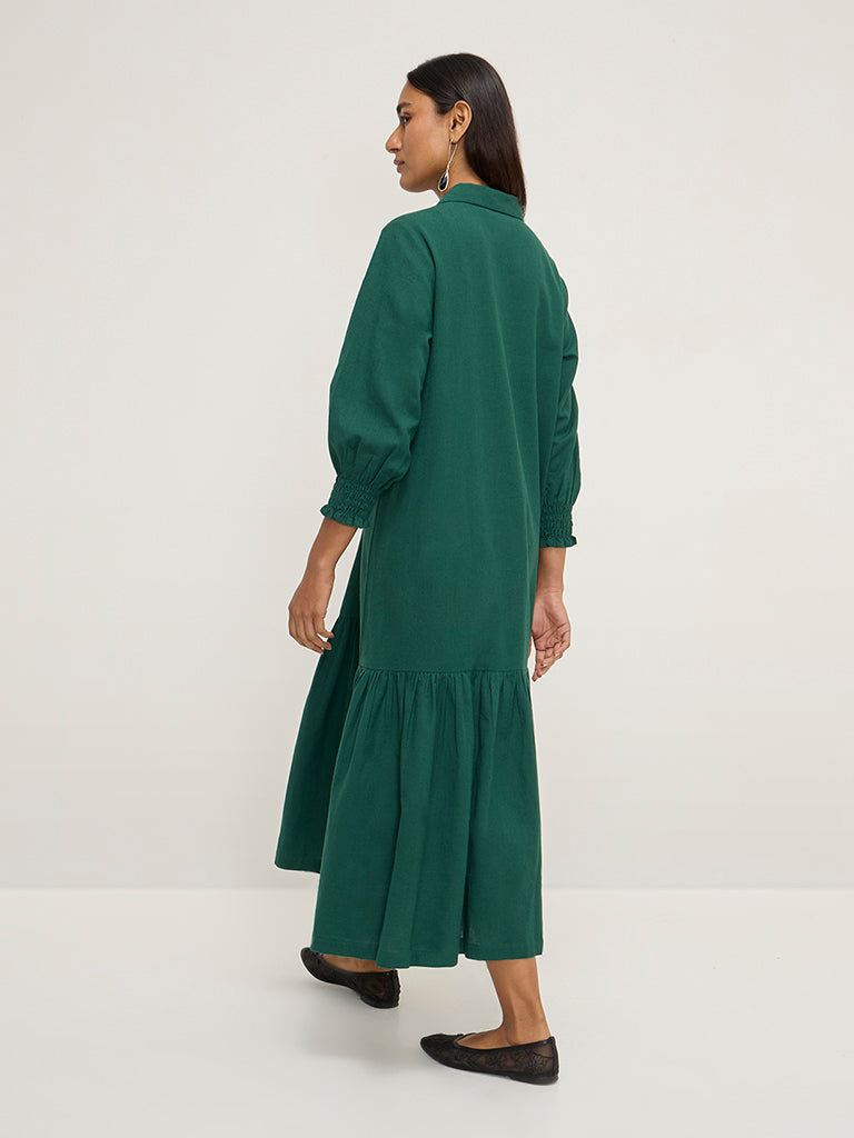 Utsa Dark Green Solid Drop-Waist Dress