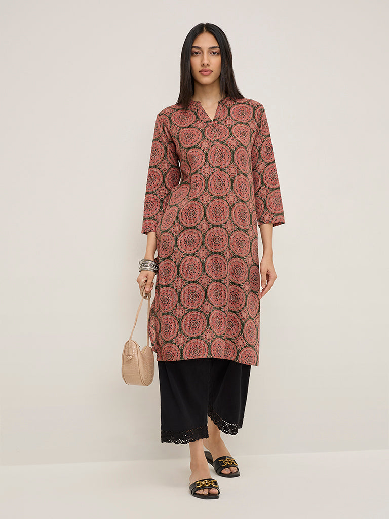 Utsa Green Printed Straight Cotton Blend Kurta