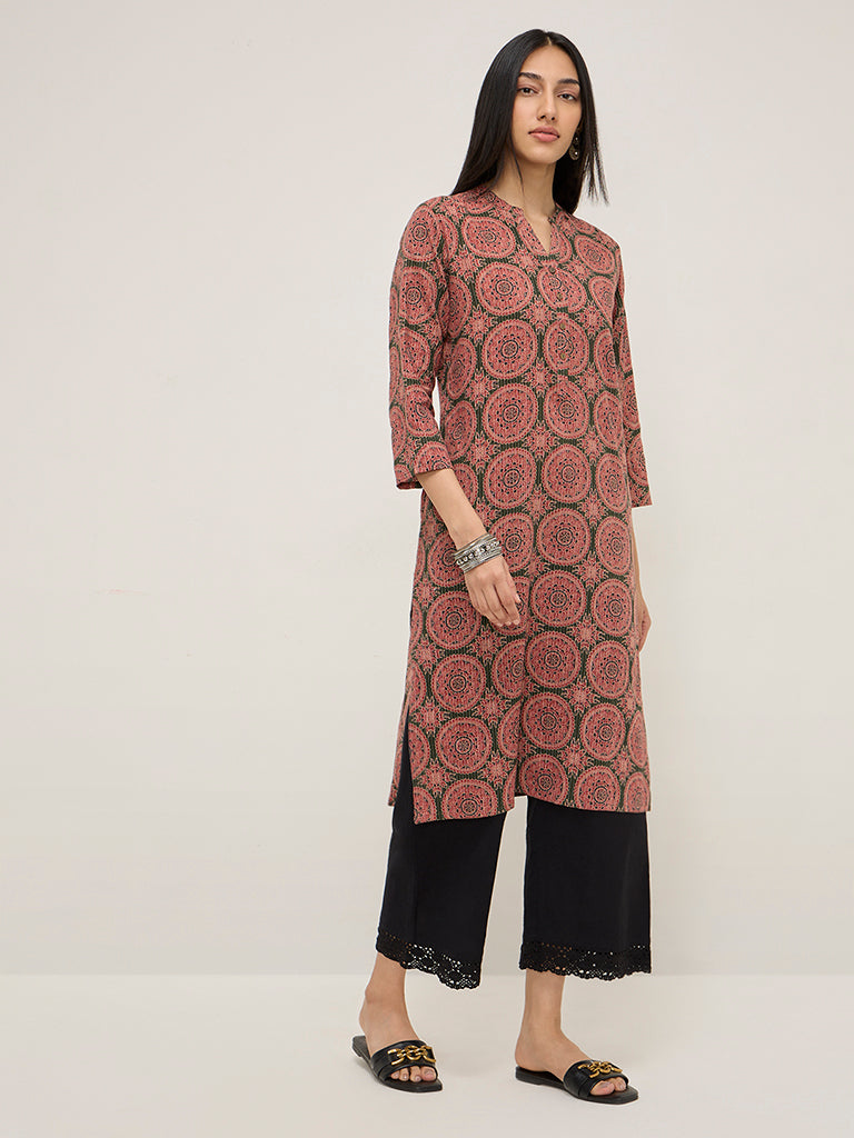 Utsa Green Printed Straight Cotton Blend Kurta