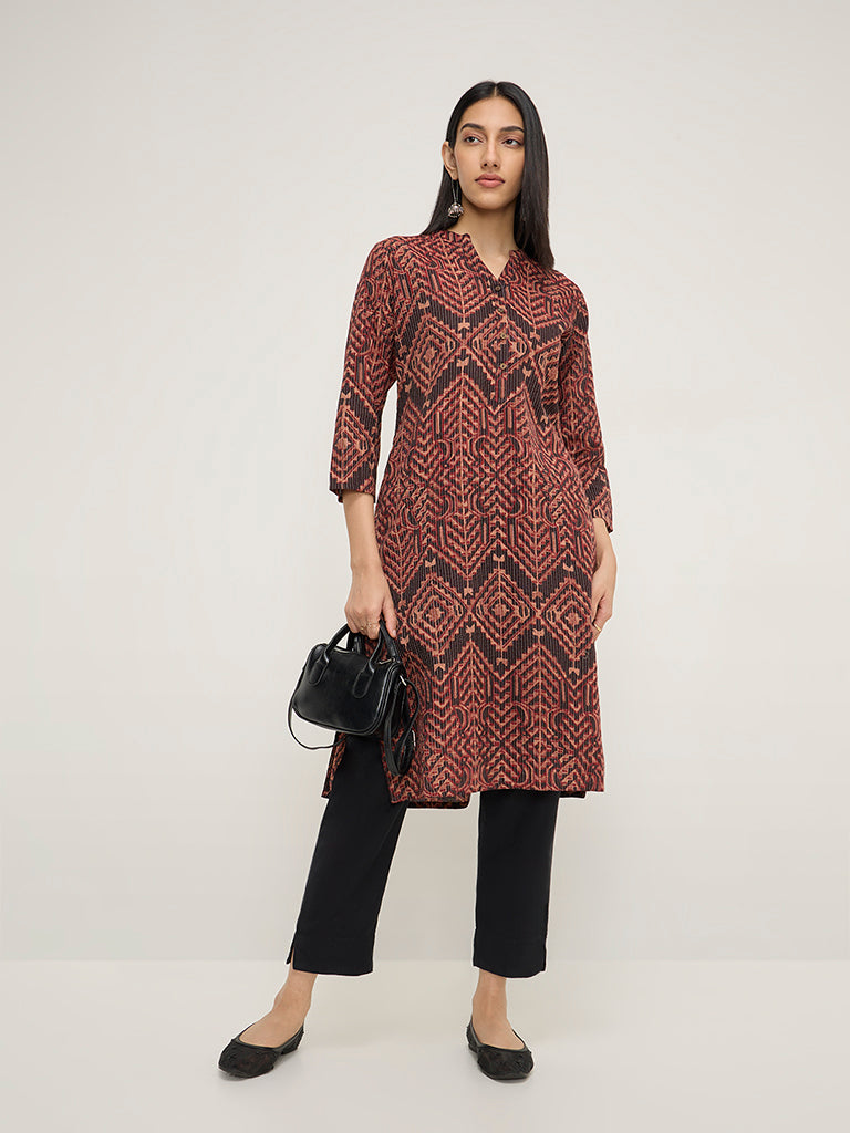 Utsa Brown Printed Cotton Blend Straight Kurta