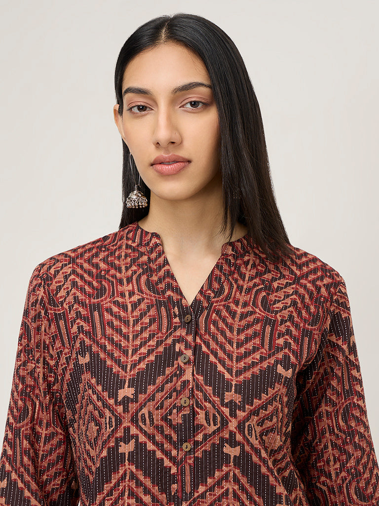 Utsa Brown Printed Cotton Blend Straight Kurta