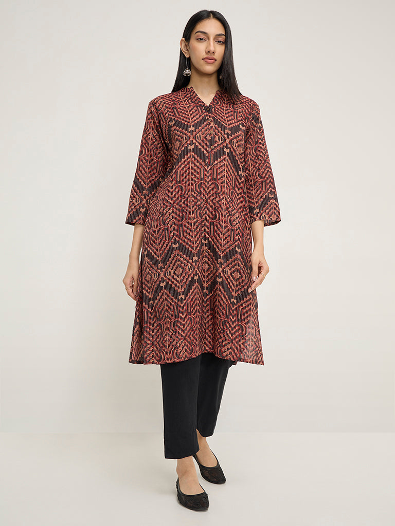 Utsa Brown Printed Cotton Blend Straight Kurta