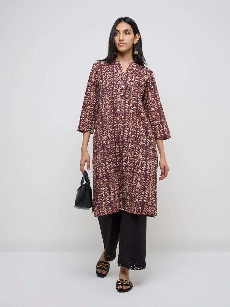 Utsa Purple Botanical Design Cotton Blend Straight Kurta