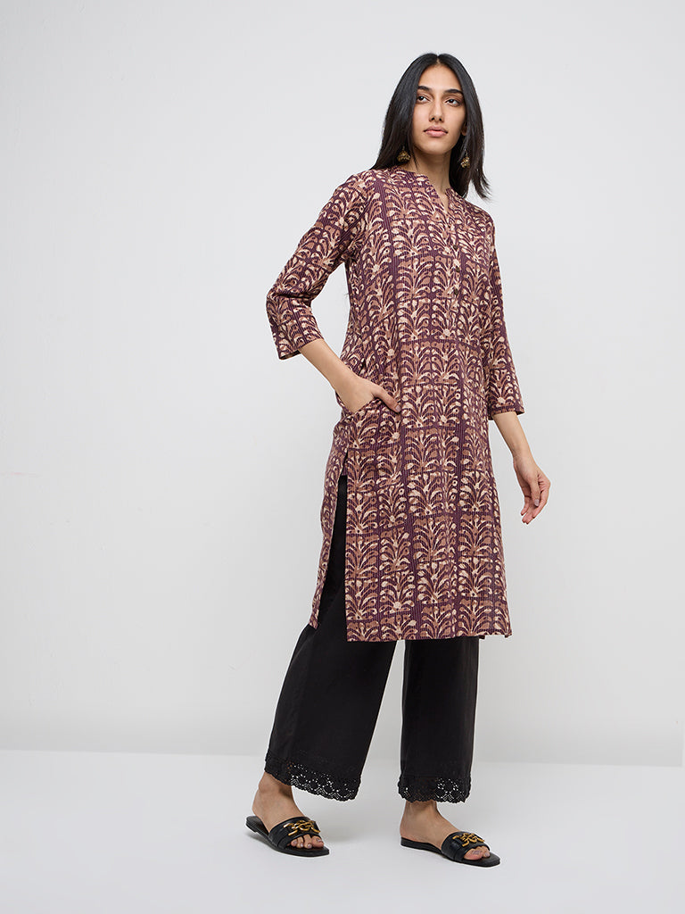 Utsa Purple Botanical Design Cotton Blend Straight Kurta