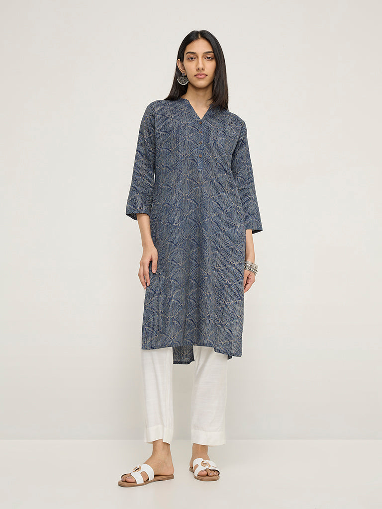 Utsa Indigo Floral Printed Straight Cotton Kurta