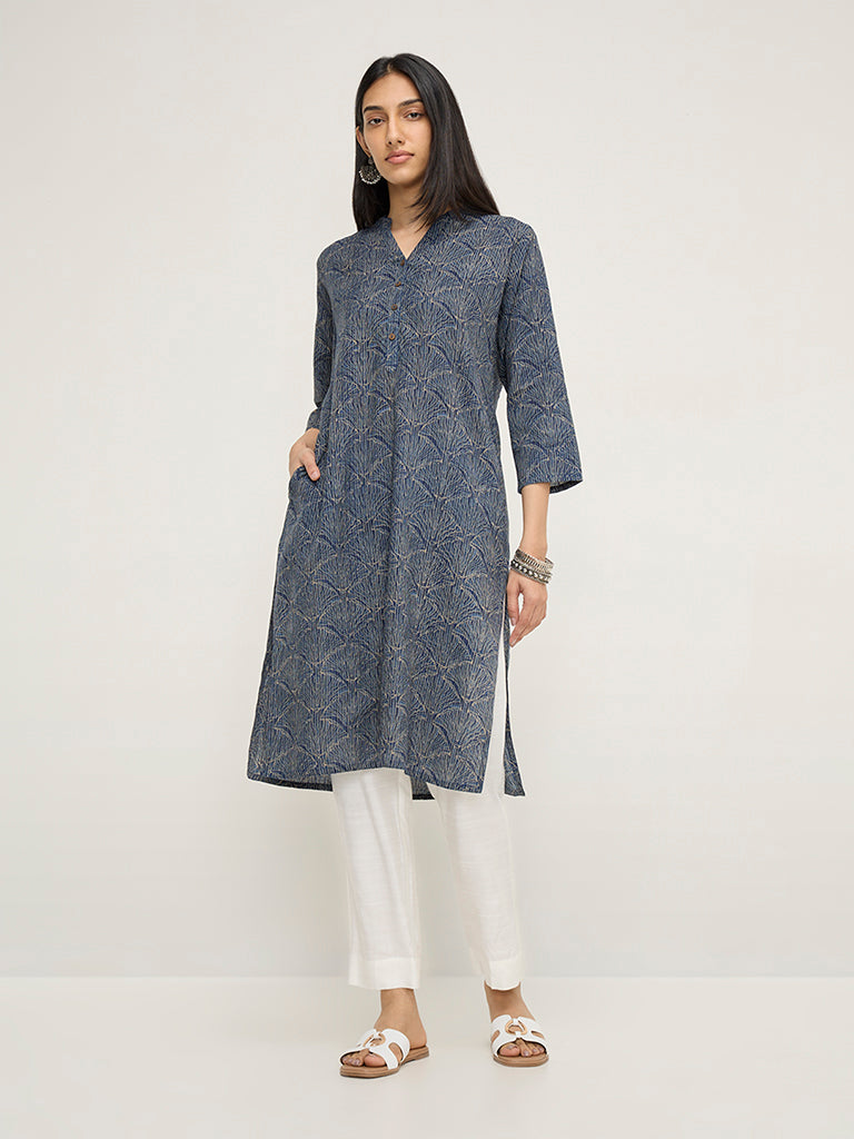 Utsa Indigo Floral Printed Straight Cotton Kurta