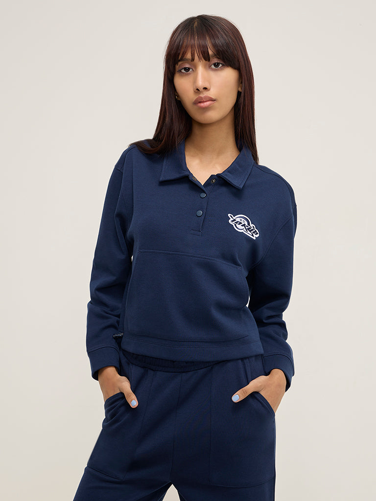 Studiofit Navy Text Printed Cotton-Blend Sweatshirt