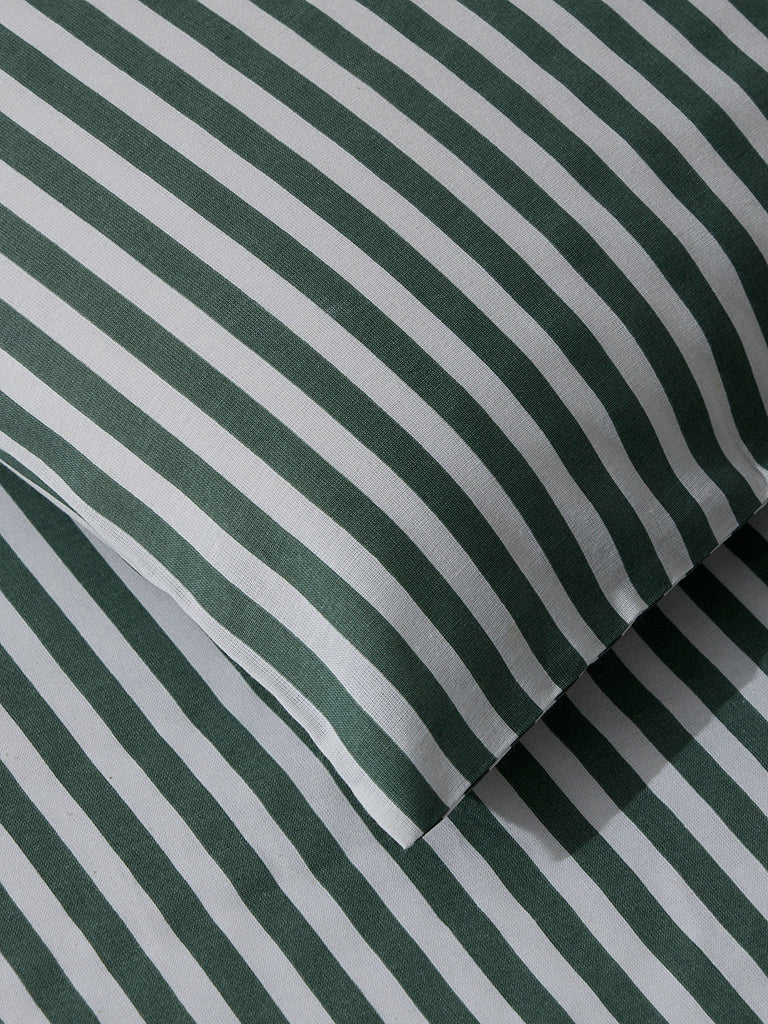 Westside Home Dark Green Striped Double Bed Fitted Sheet and Pillowcase Set