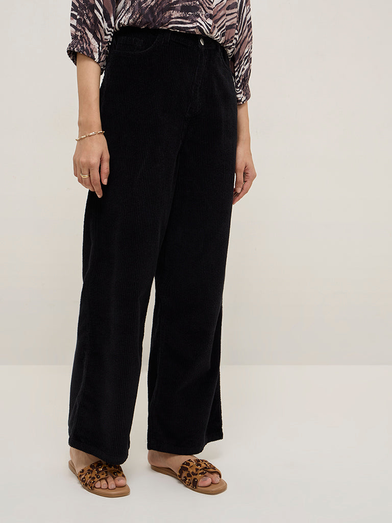 LOV Black Corduroy High-Rise Cotton Blend Trousers