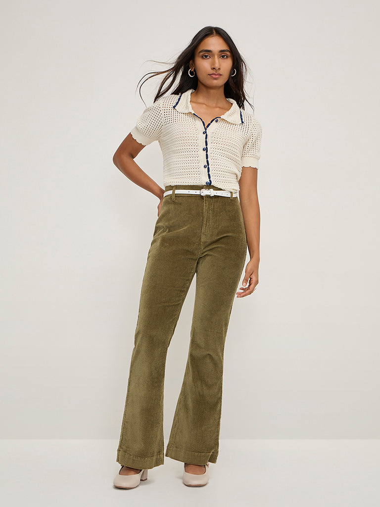 LOV Olive Corduroy High-Rise Cotton Trousers