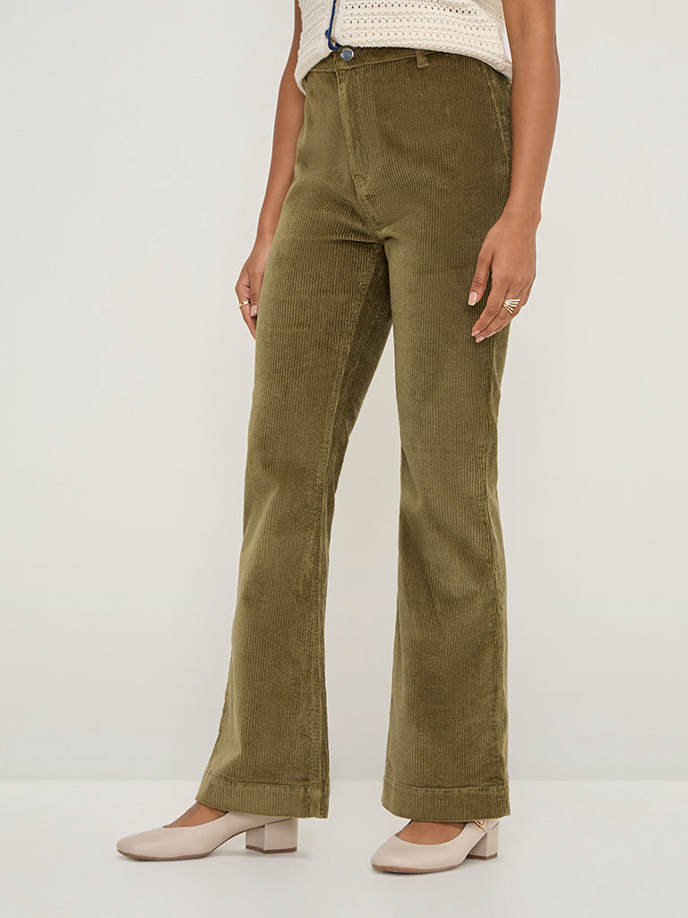 LOV Olive Corduroy High-Rise Cotton Trousers