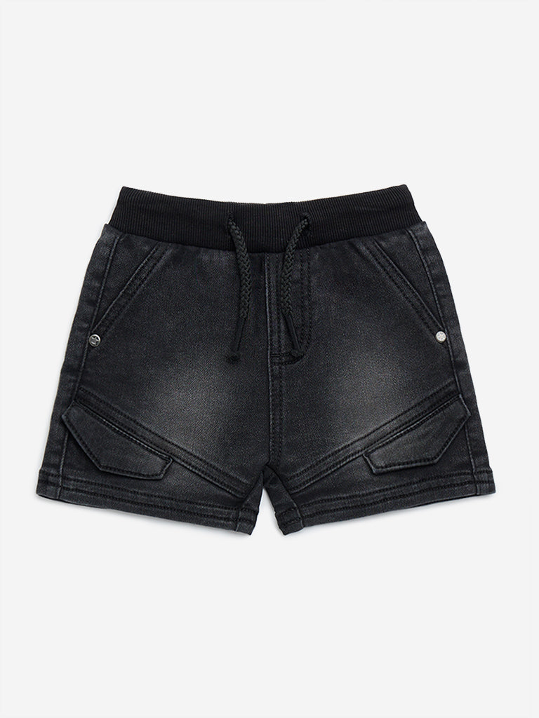 HOP Baby Black Faded Denim Mid-Rise Shorts