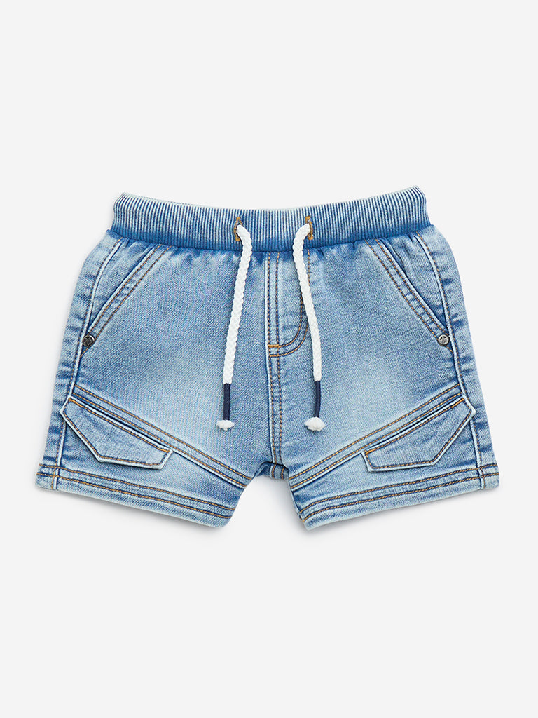 HOP Baby Blue Faded Mid-Rise Denim Shorts