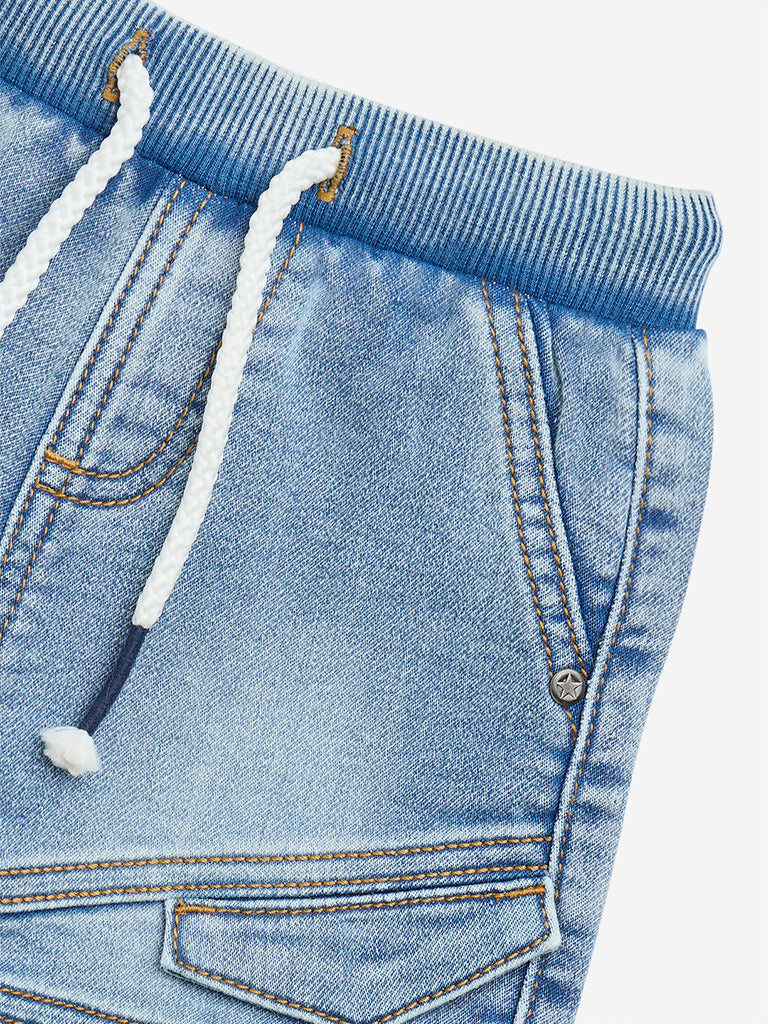 HOP Baby Blue Faded Mid-Rise Denim Shorts