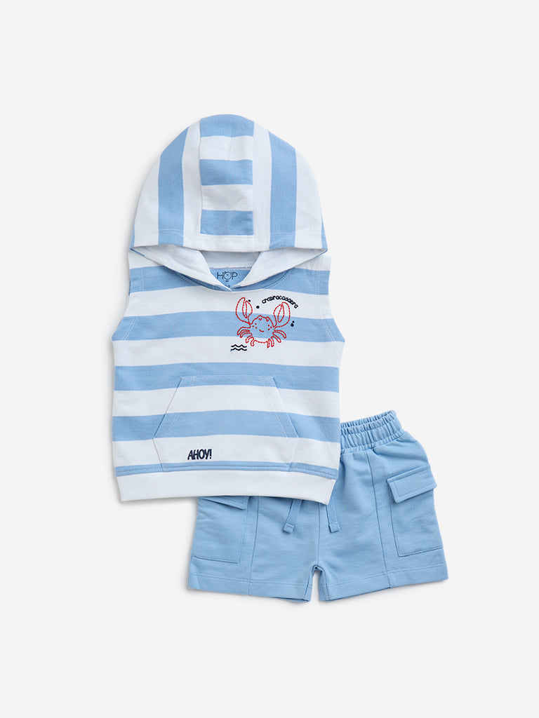 HOP Baby Blue Striped Cotton-Blend T-Shirt with Shorts Set