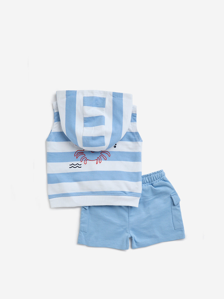 HOP Baby Blue Striped Cotton-Blend T-Shirt with Shorts Set