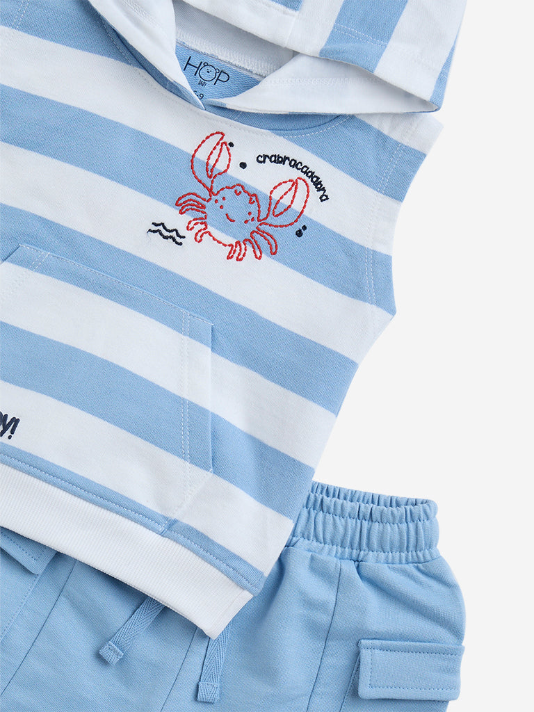 HOP Baby Blue Striped Cotton-Blend T-Shirt with Shorts Set