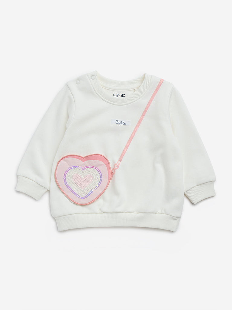 HOP Baby White Heart Embellished Cotton-Blend Sweatshirt