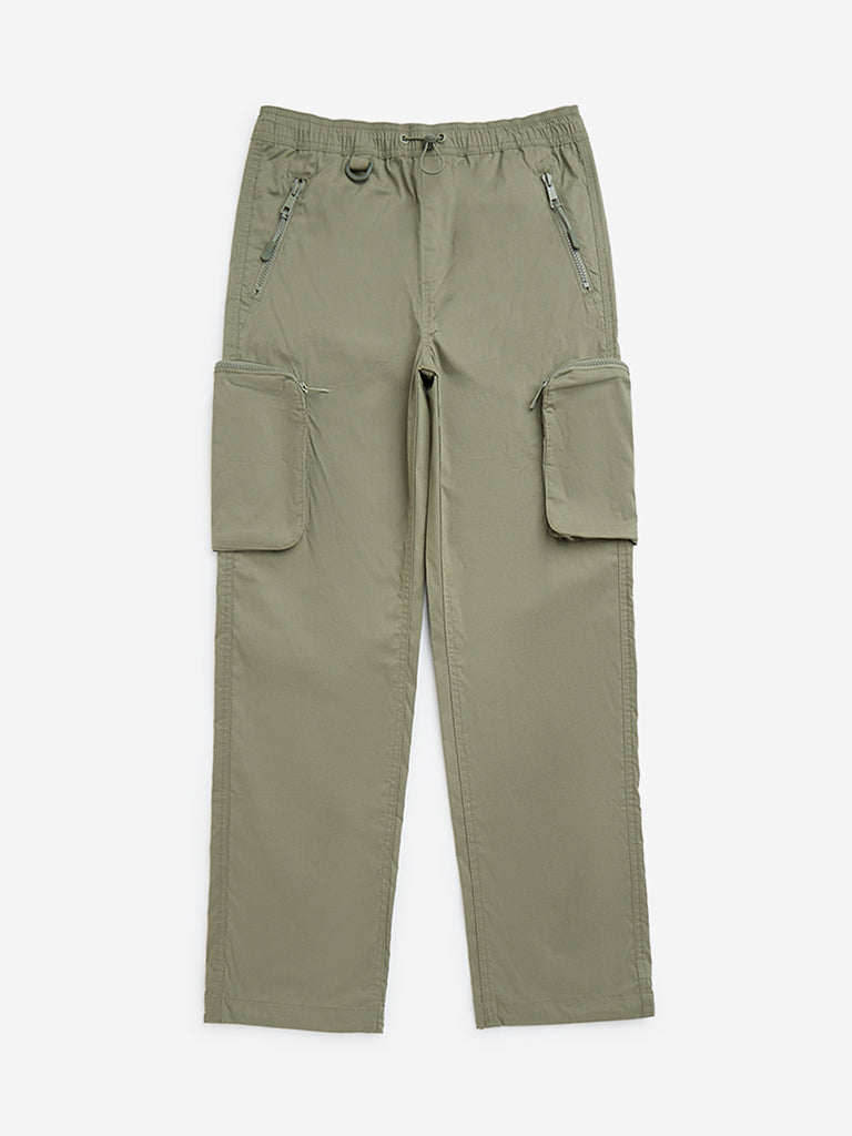 Y&F Kids Olive Cargo-Style Mid-Rise Cotton-Blend Trousers