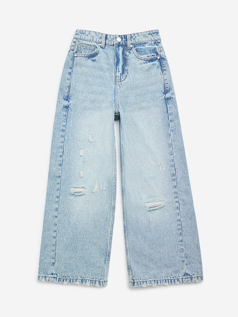 Y&F Kids Light Blue Distressed Wide leg - Fit High - Rise Jeans