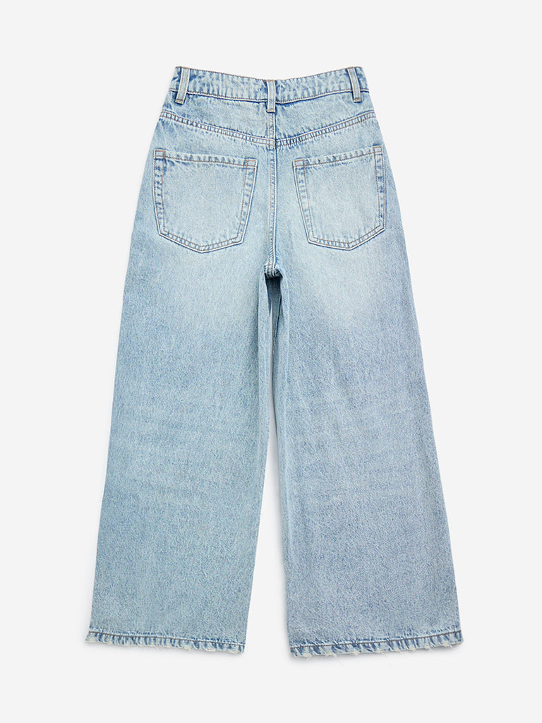 Y&F Kids Light Blue Distressed Wide leg - Fit High - Rise Jeans