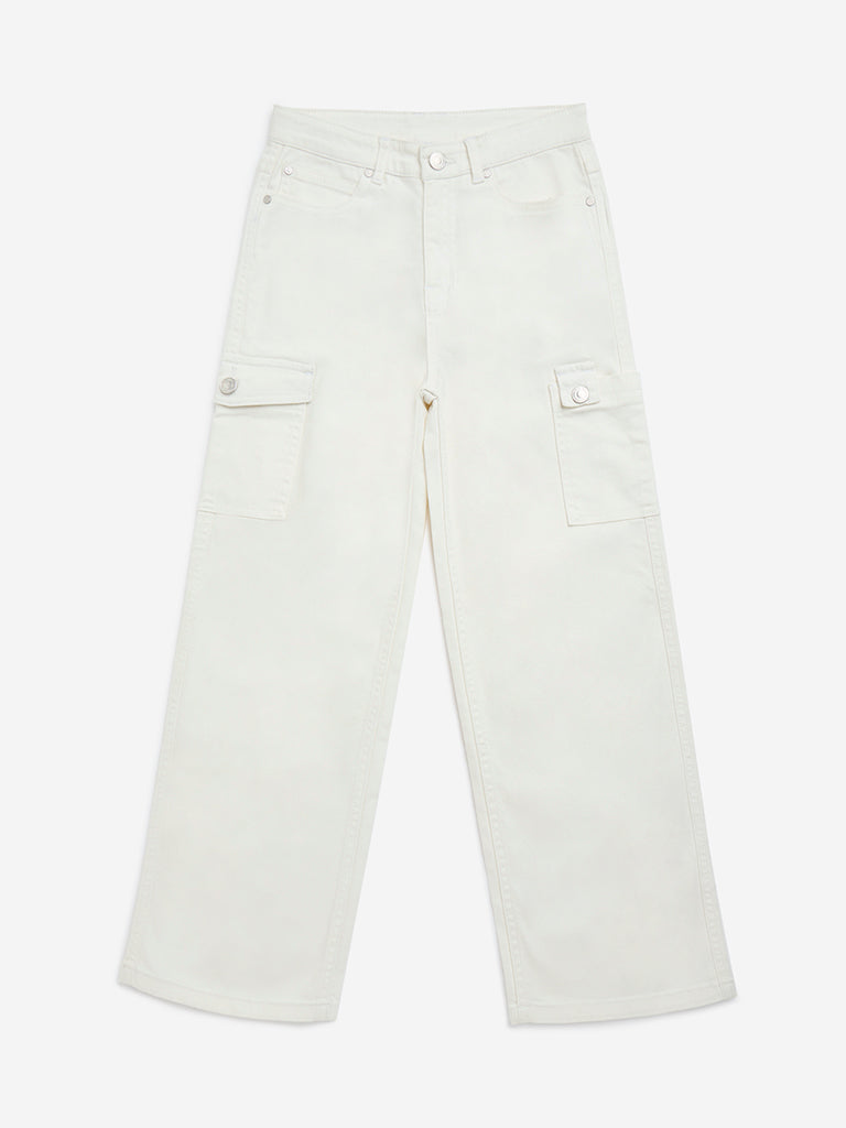 Y&F Kids Off-White Mid-Rise Cotton-Blend Cargo Trousers