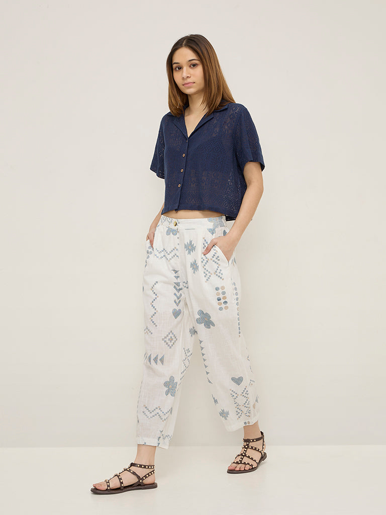 Bombay Paisley White Printed High-Rise Cotton-Blend Joggers