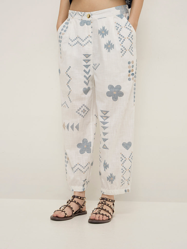 Bombay Paisley White Printed High-Rise Cotton-Blend Joggers