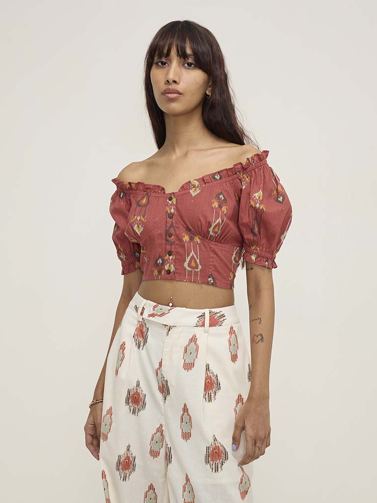 Bombay Paisley Rust Ikat Printed Cotton Top