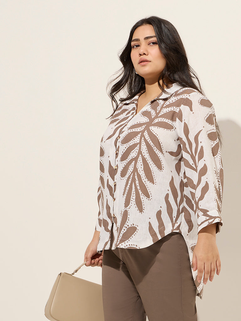 Gia Taupe Leaf Printed High-Low Blouse