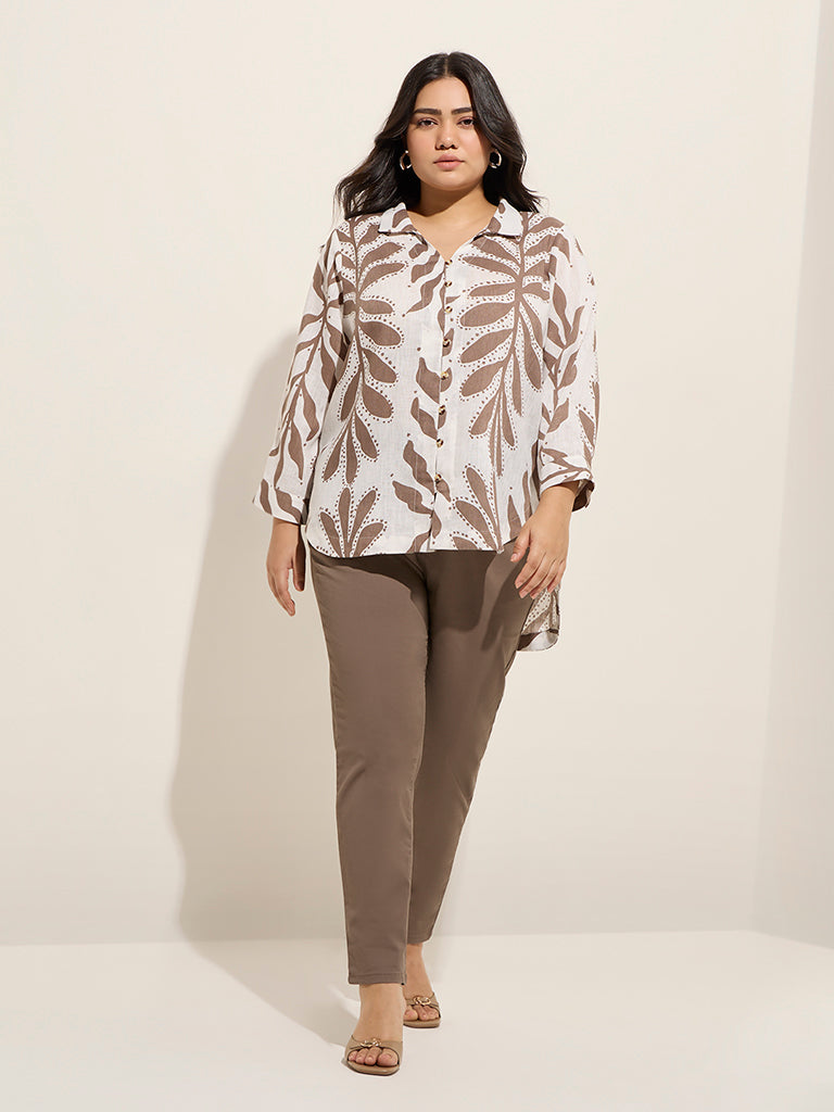 Gia Taupe Leaf Printed High-Low Blouse