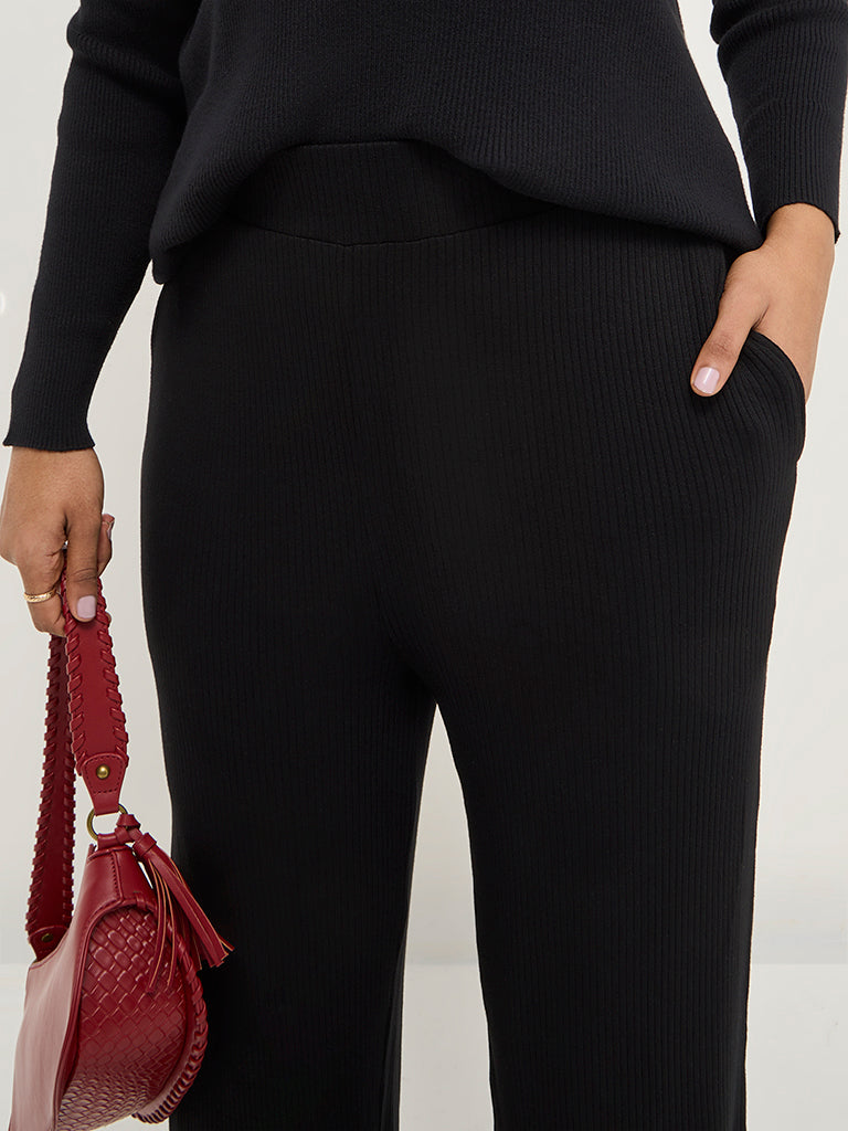 Gia Black Ribbed High-Rise Pants