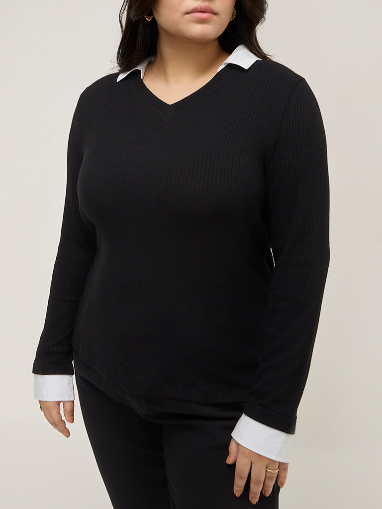 Gia Black Ribbed Collared T-Shirt