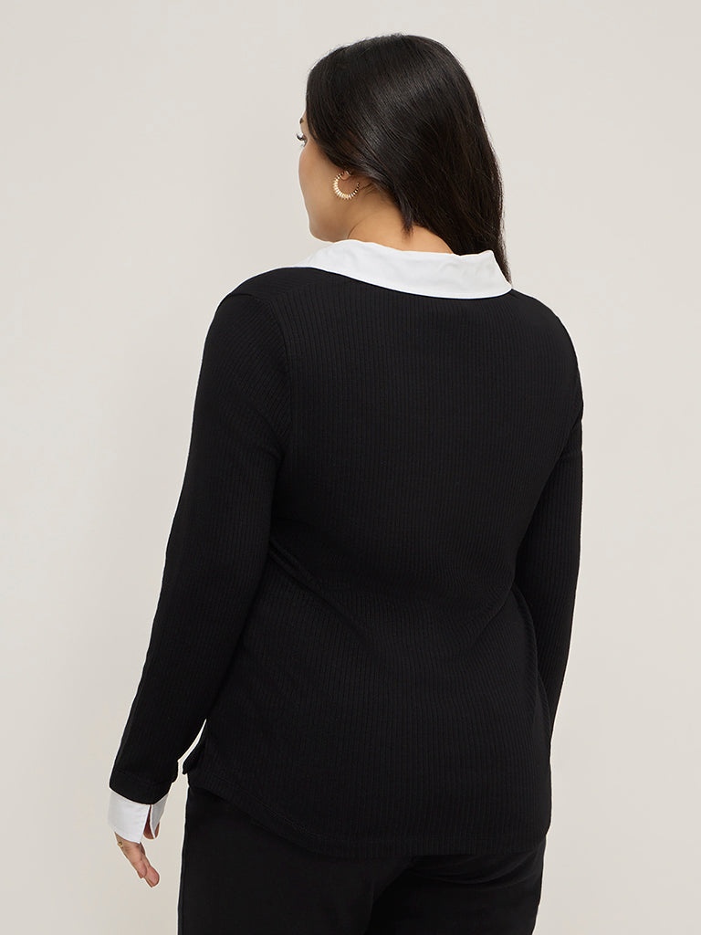 Gia Black Ribbed Collared T-Shirt