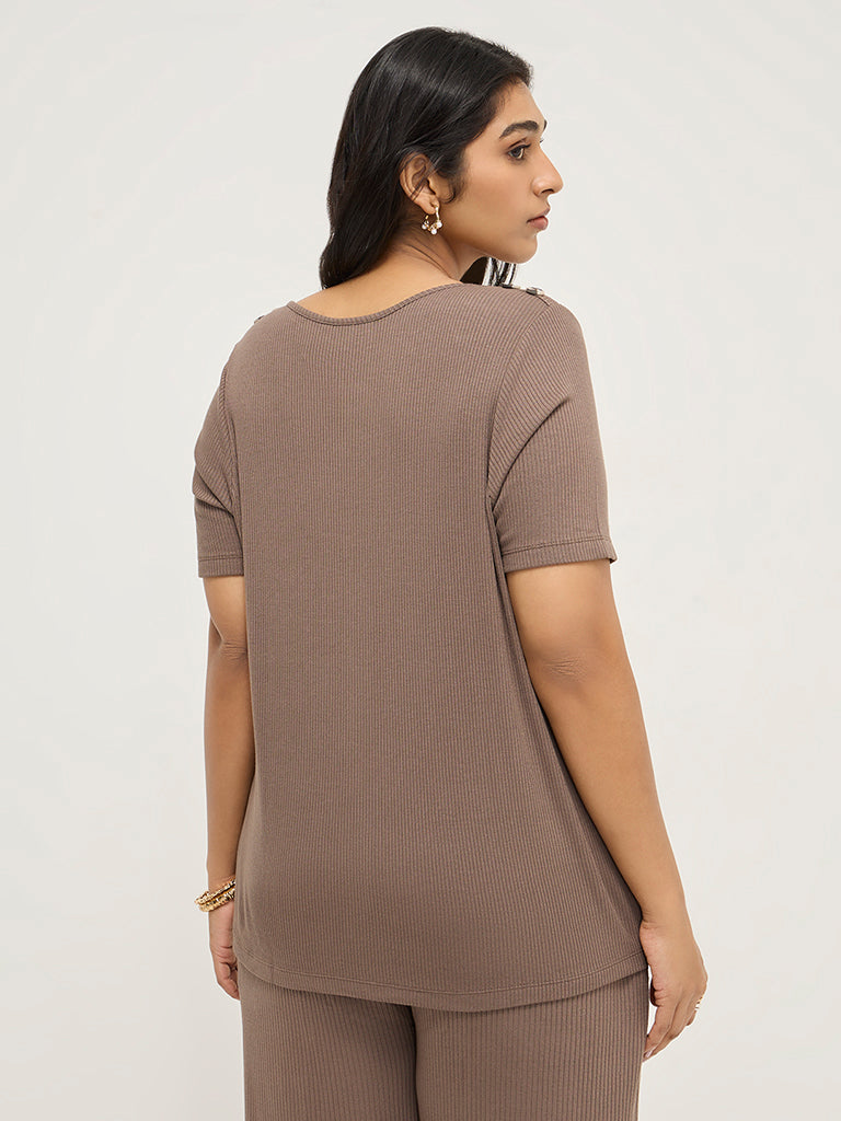 Gia Dark Brown Ribbed-Textured T-Shirt