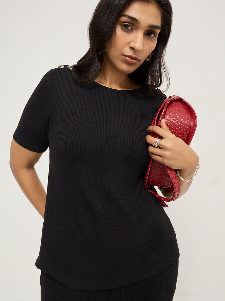 Gia Black Ribbed Textured T-Shirt