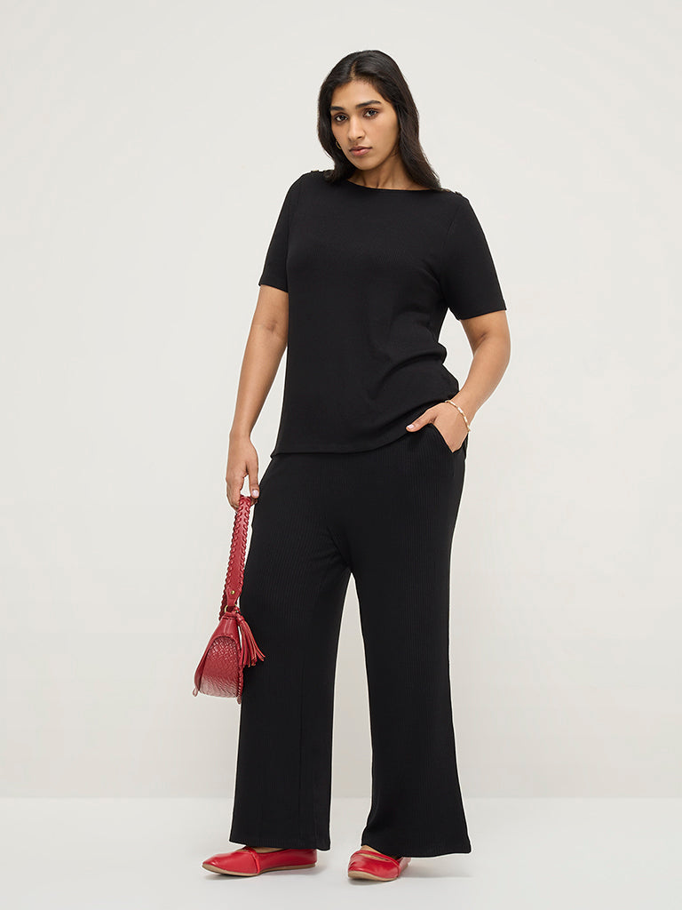 Gia Black Ribbed Textured T-Shirt