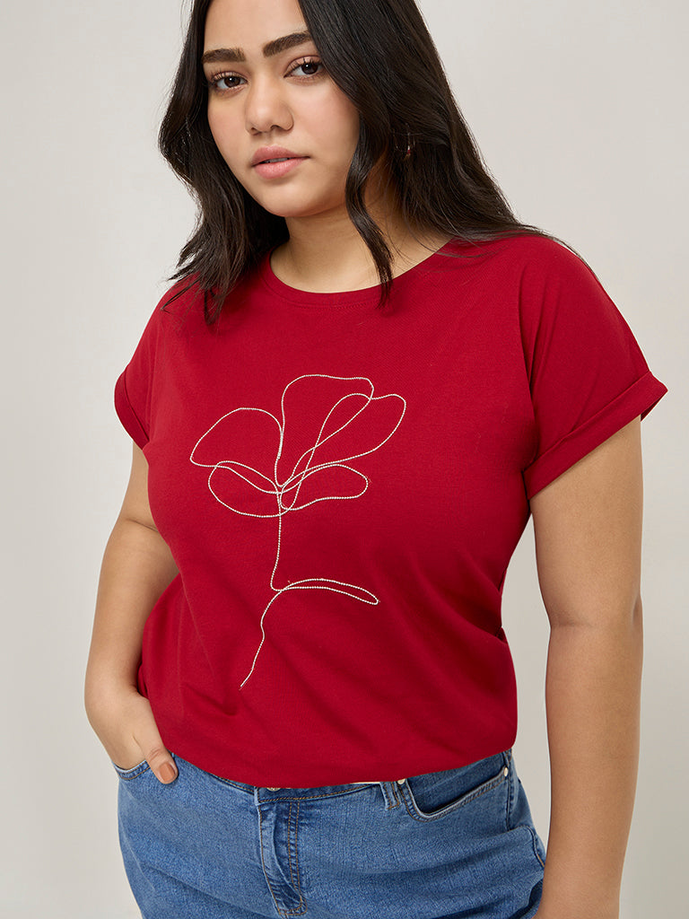 Gia Red Floral Embellished Cotton T-Shirt