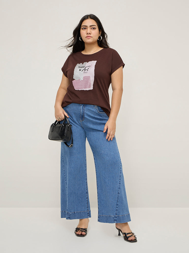 Gia Brown Text-Printed Cotton T-Shirt