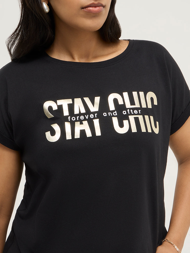 Gia Black Text-Printed Cotton T-Shirt