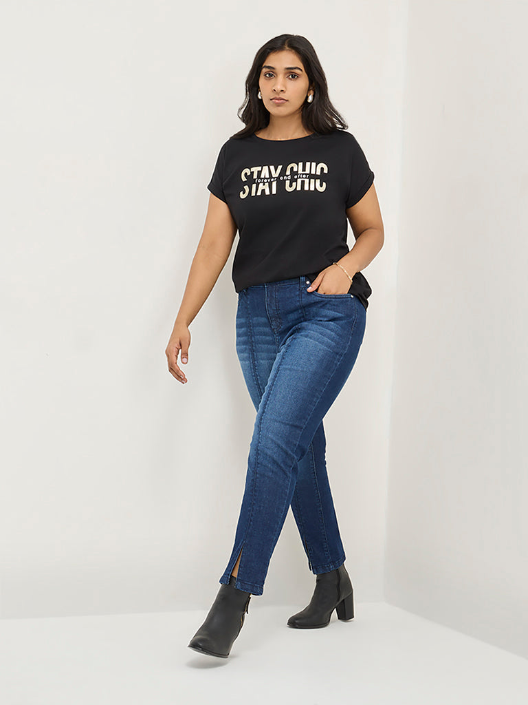 Gia Black Text-Printed Cotton T-Shirt