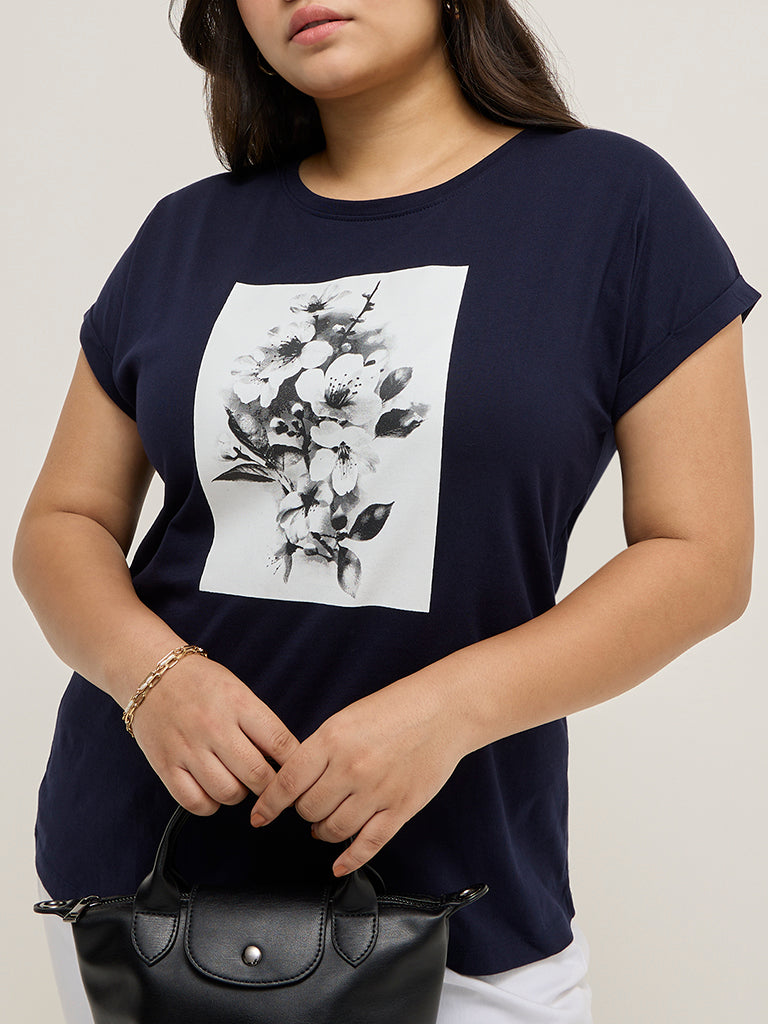 Gia Navy Printed Cotton T-Shirt