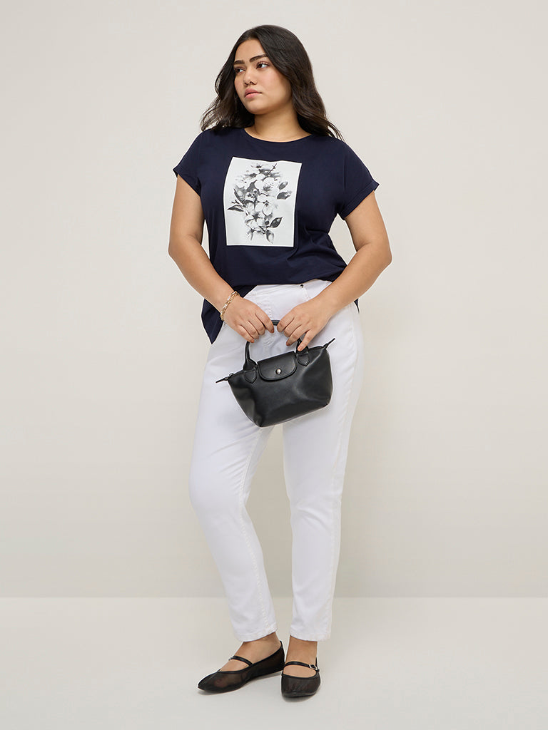 Gia Navy Printed Cotton T-Shirt