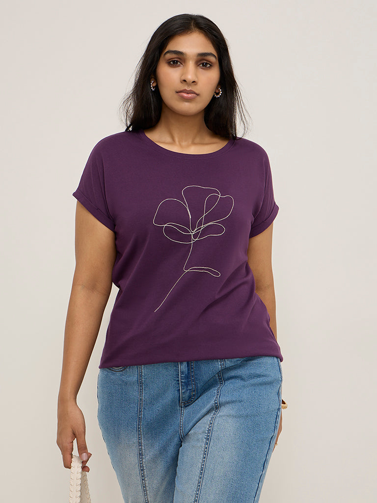 Gia Purple Floral Embellished Cotton T-Shirt