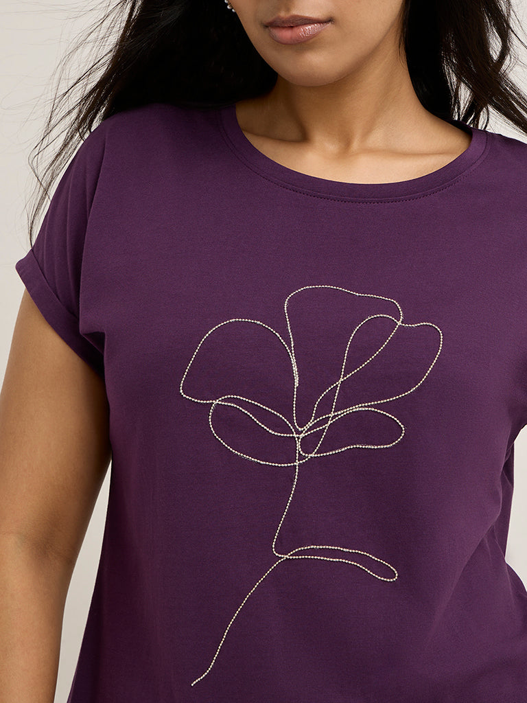 Gia Purple Floral Embellished Cotton T-Shirt