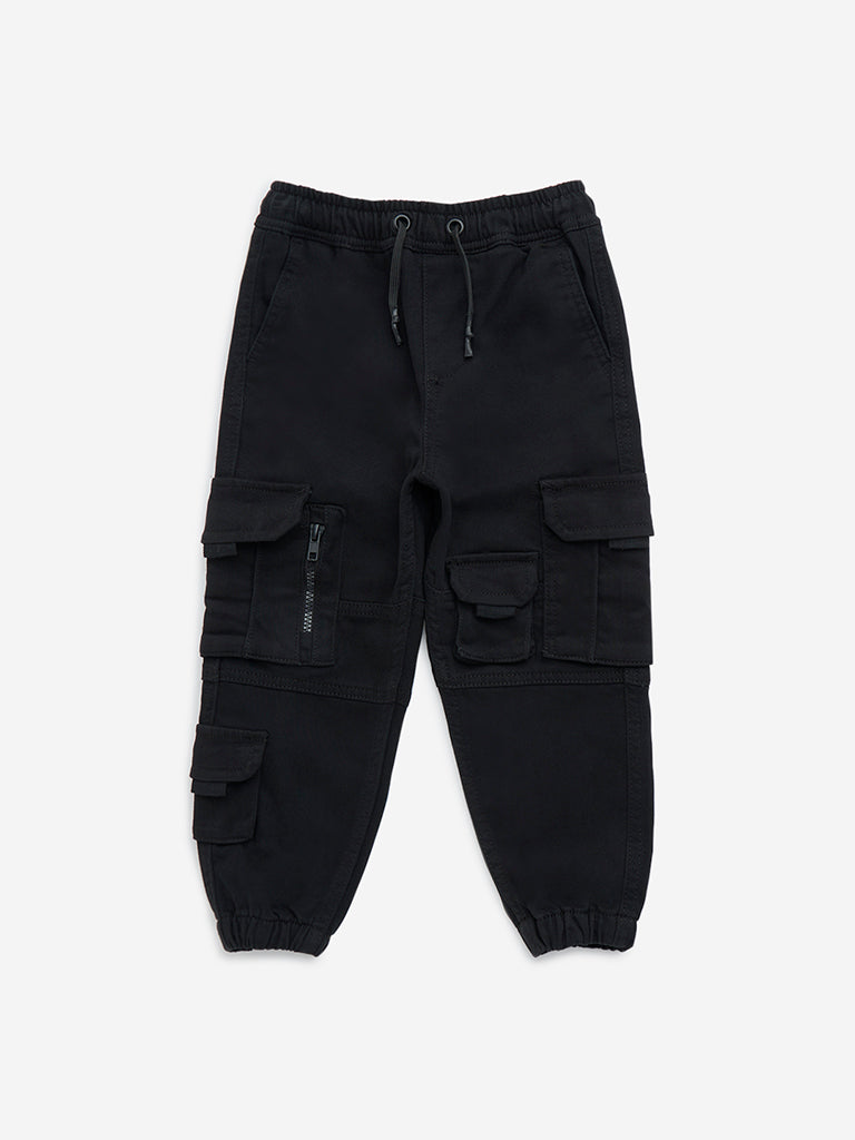 HOP Kids Black Cargo-Style Mid-Rise Cotton-Blend Joggers