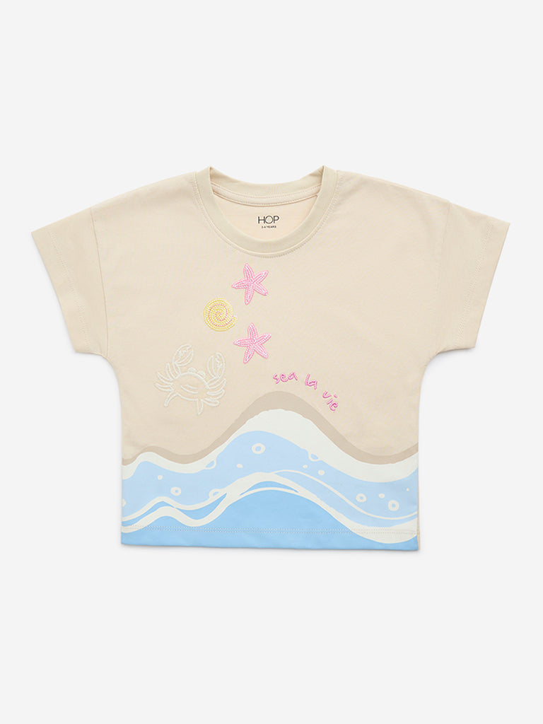 HOP Kids Beige Sea-Themed Cotton T-Shirt