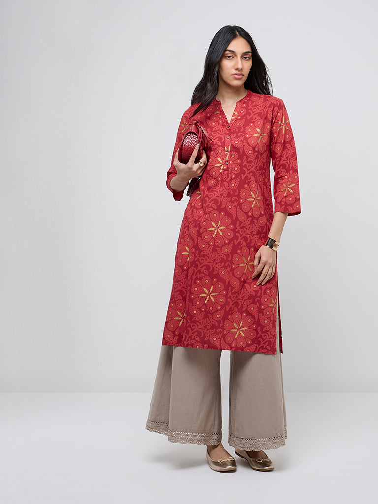 Utsa Red Buta Print A-Line Cotton Kurta